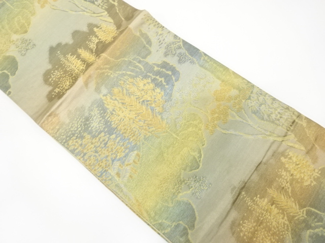 アンティーク　家屋に樹木風景模様織り出し袋帯（材料）